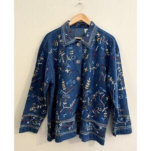Vintage 90s y2k Denim Shirt Threaded Abstract Art Jacket Shacket Men's Large